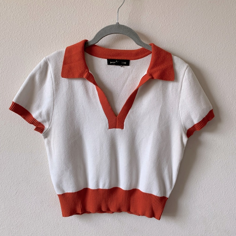 Social Scene | Retro White & Red/Orange Old School Knit Polo | Size Large